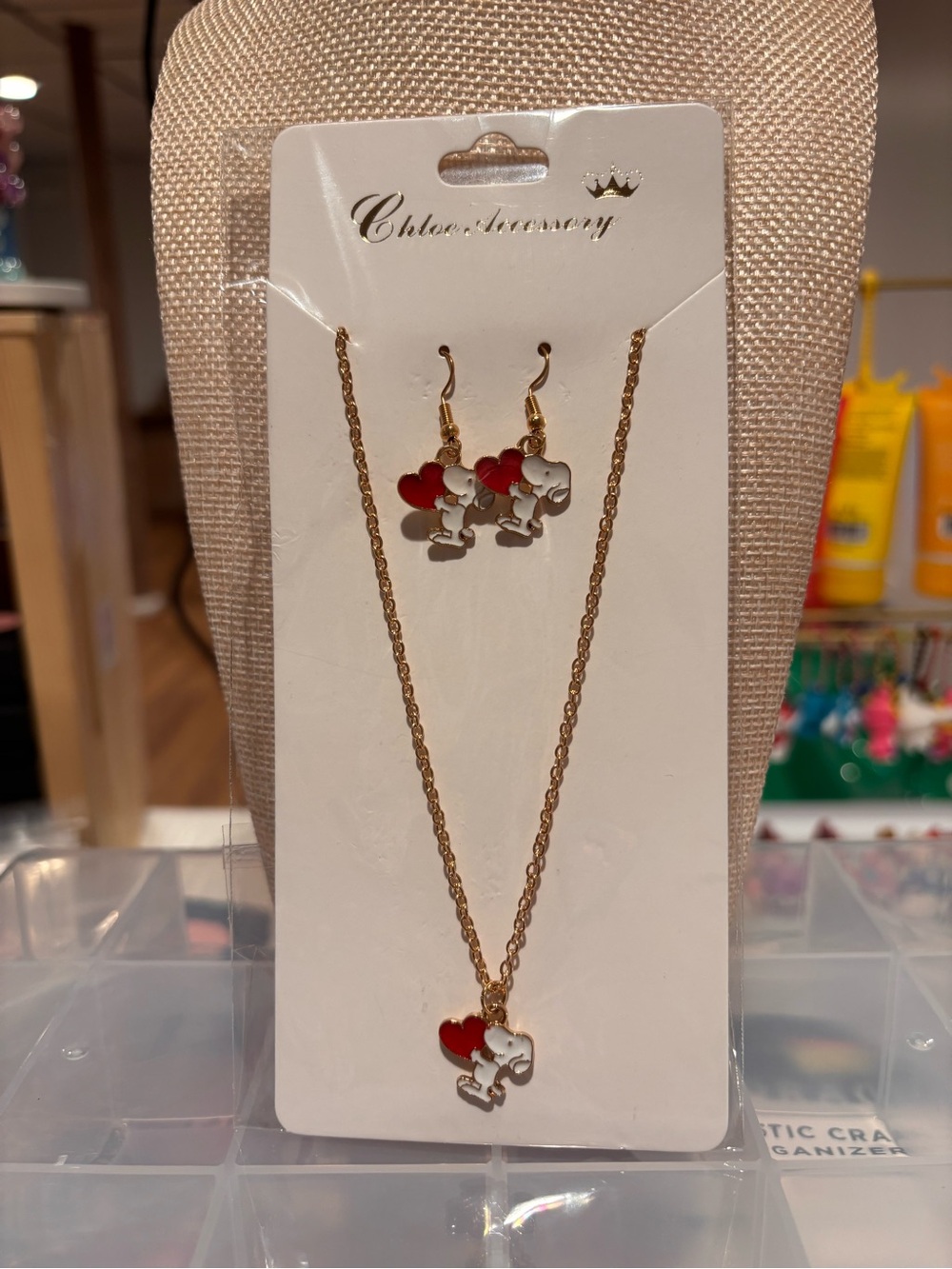 Gold Tone Snoopy Heart Necklace and Earring Set